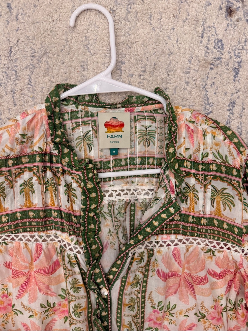 FARM Rio Pink & Green Tropical Print Button-Up Blouse - Picture 2 of 3